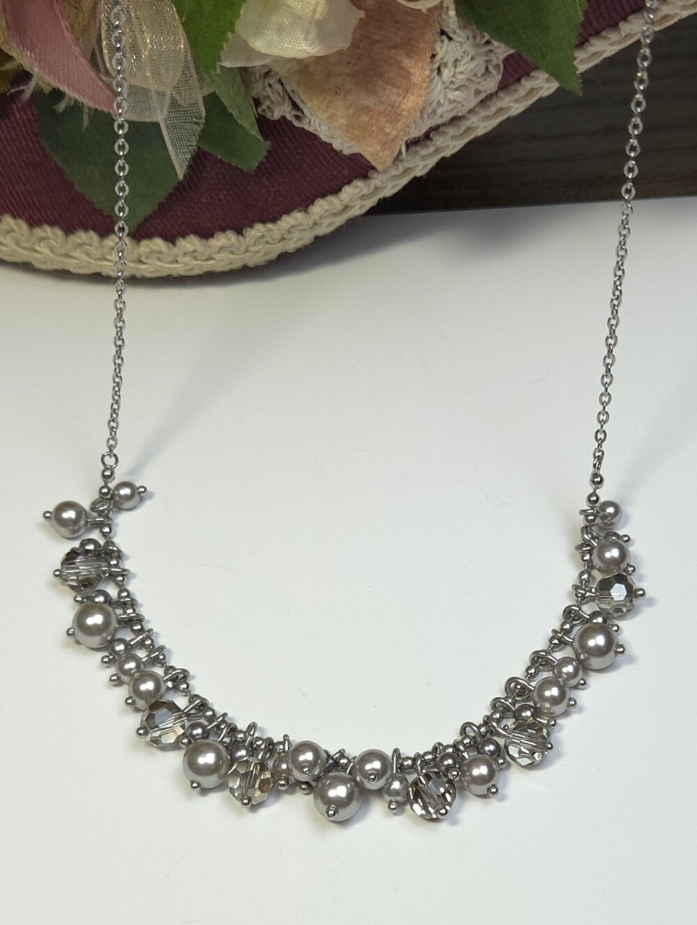 Banana Repulic Silver Bead & Crystal Cluster Necklace